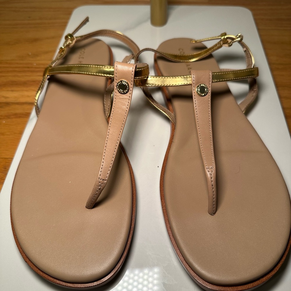 Cole Haan Nude & Gold T-Strap Leather Sandals